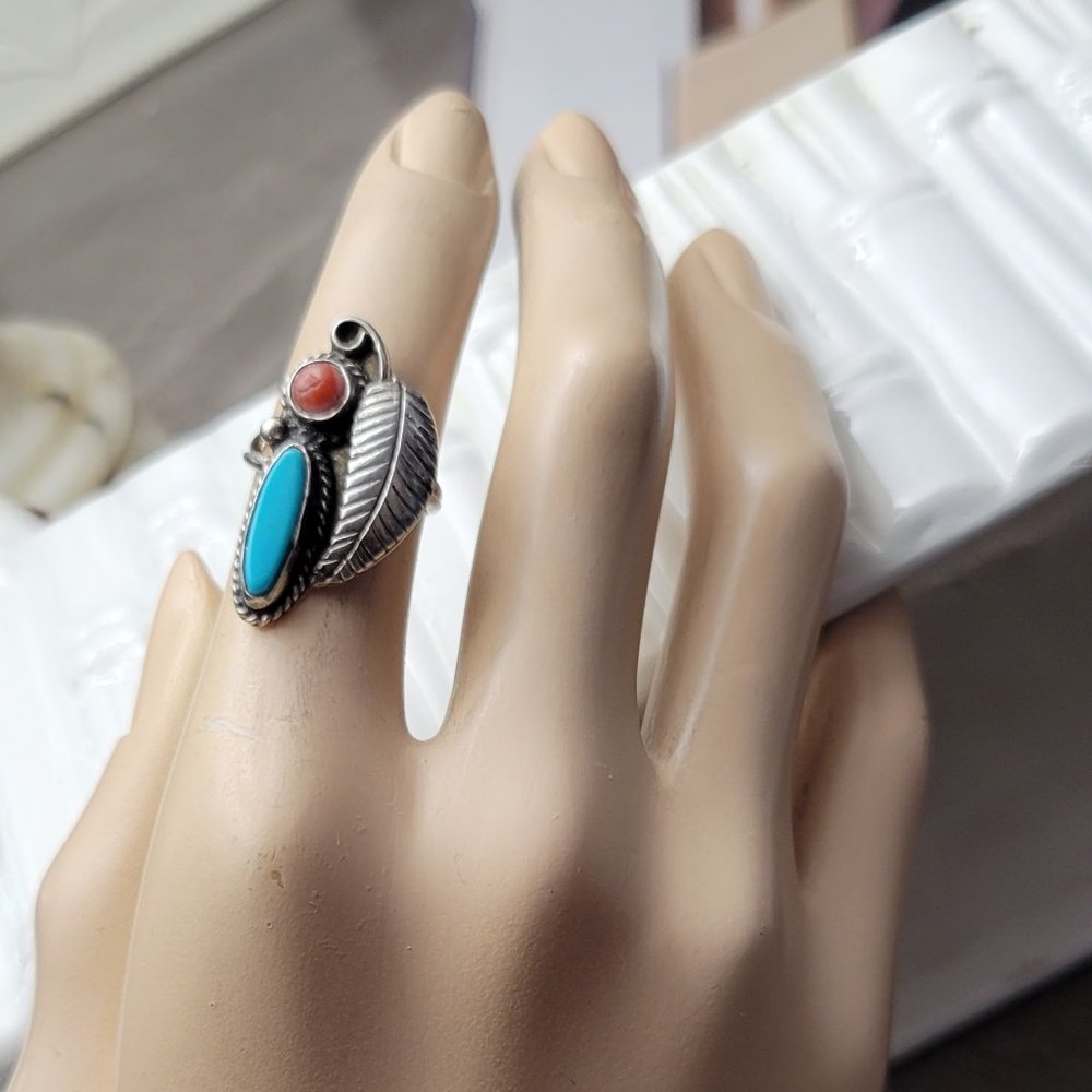 Spiny Oyster & Turquoise sterling silver Ring SZ 4 PINKY FINGER